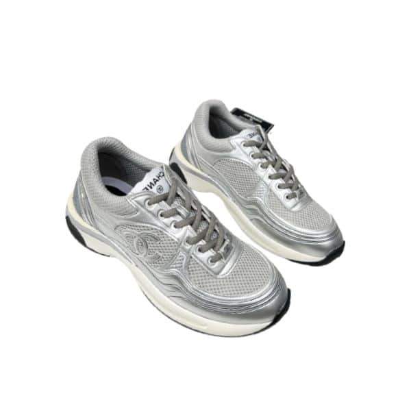 CHANEL 23C SILVER METALLIC CC LOGO LACE UP FLAT RUNNER TRAINER SNEAKER GRAY