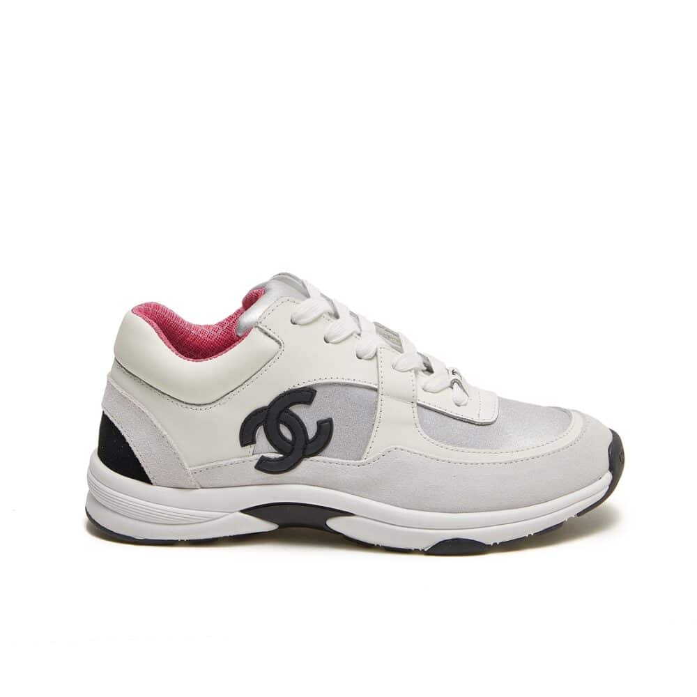 CHANEL SUEDE AND LEATHER CC LOW TOP SNEAKERS WHITE PINK