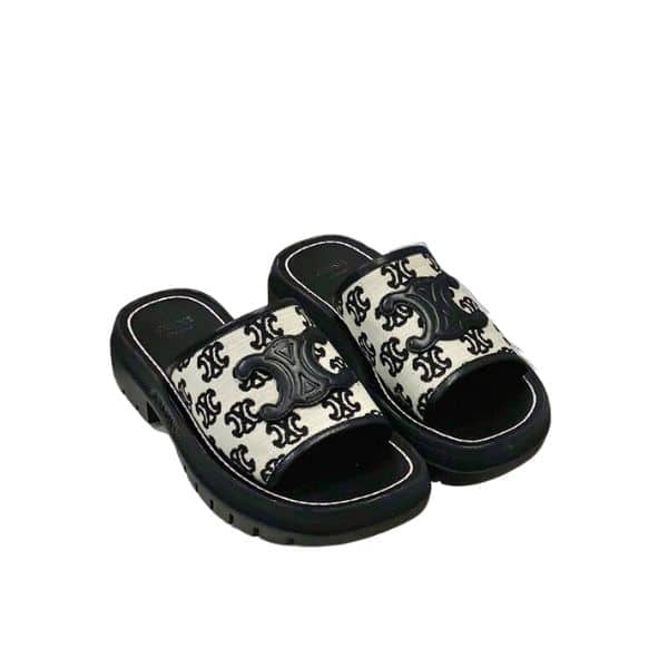 CELINE CLEA TRIOMPHE SLIDE IN TRIOMPHE STAMPED CANVAS CALFSKIN BLACK