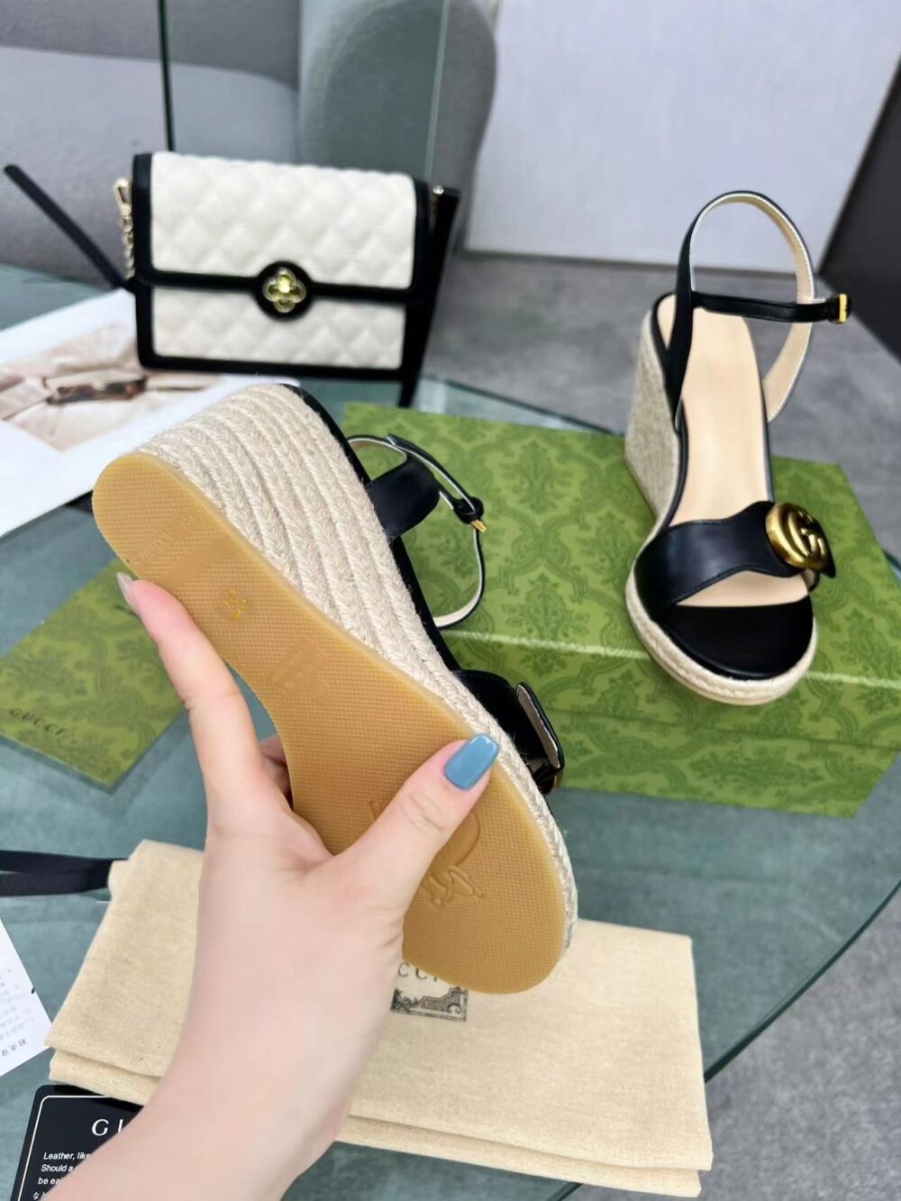 GUCCI LEATHER WEDGE ESPADRILLE SANDALS BLACK 8CM - Image 4