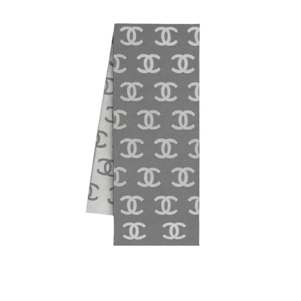 CHANEL CC LOGO CAMELLIA SCARF GREY