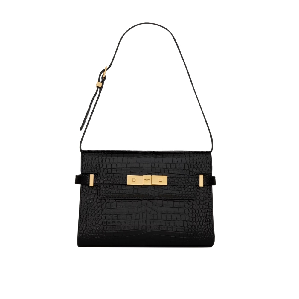 SAINT LAURENT MANHATTAN SMALL IN SHINY CROCODILE EMBOSSED LEATHER BLACK GOLD 24CM 675626DND0W1000