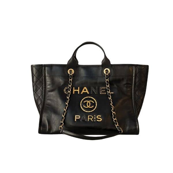 CHANEL DEAUVILLE LARGE SHOPPING BAG CALFSKIN LEATHER BLACK 38CM