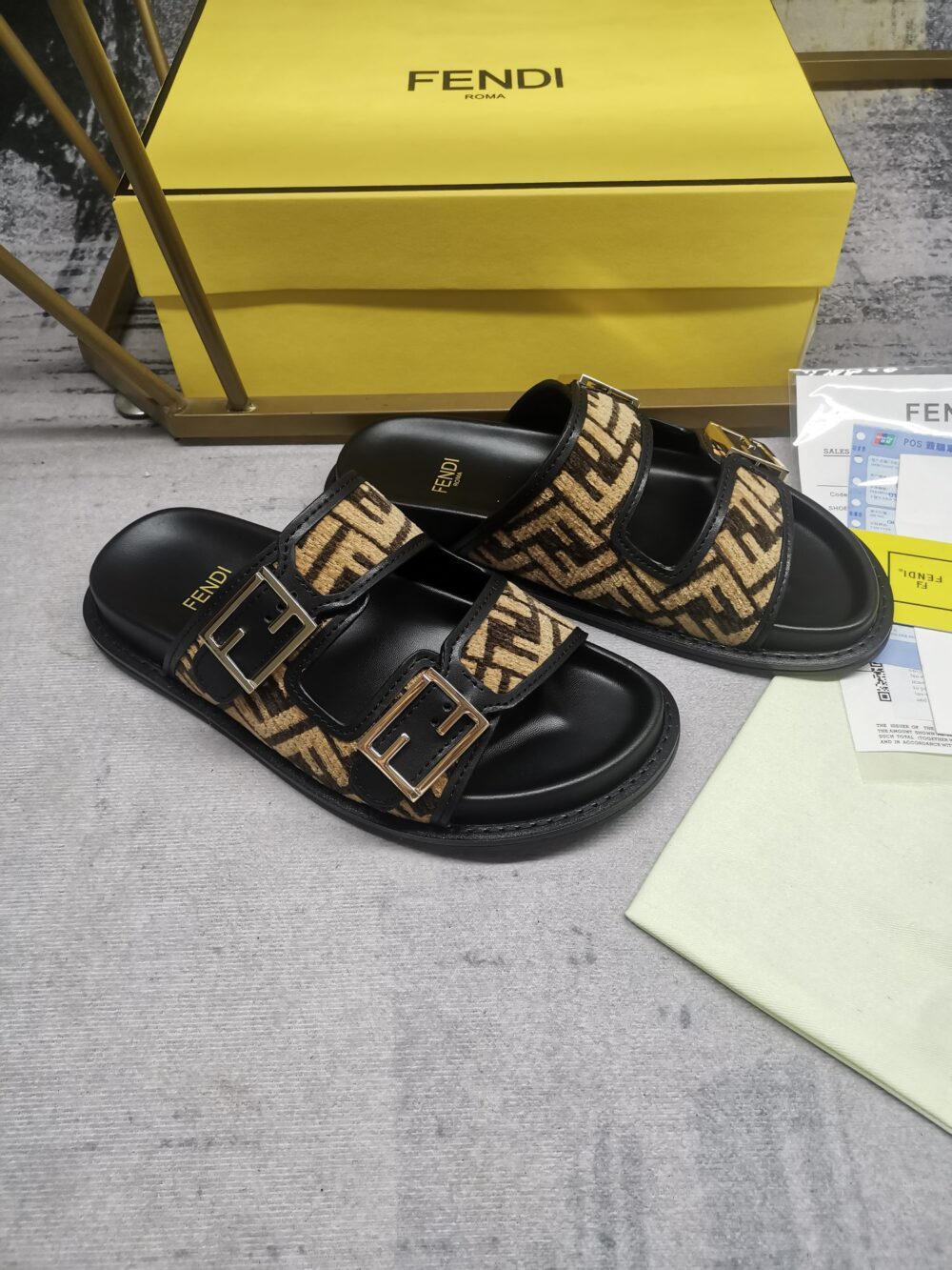 FENDI FEEL FF FABRIC SLIDES BLACK - Image 3