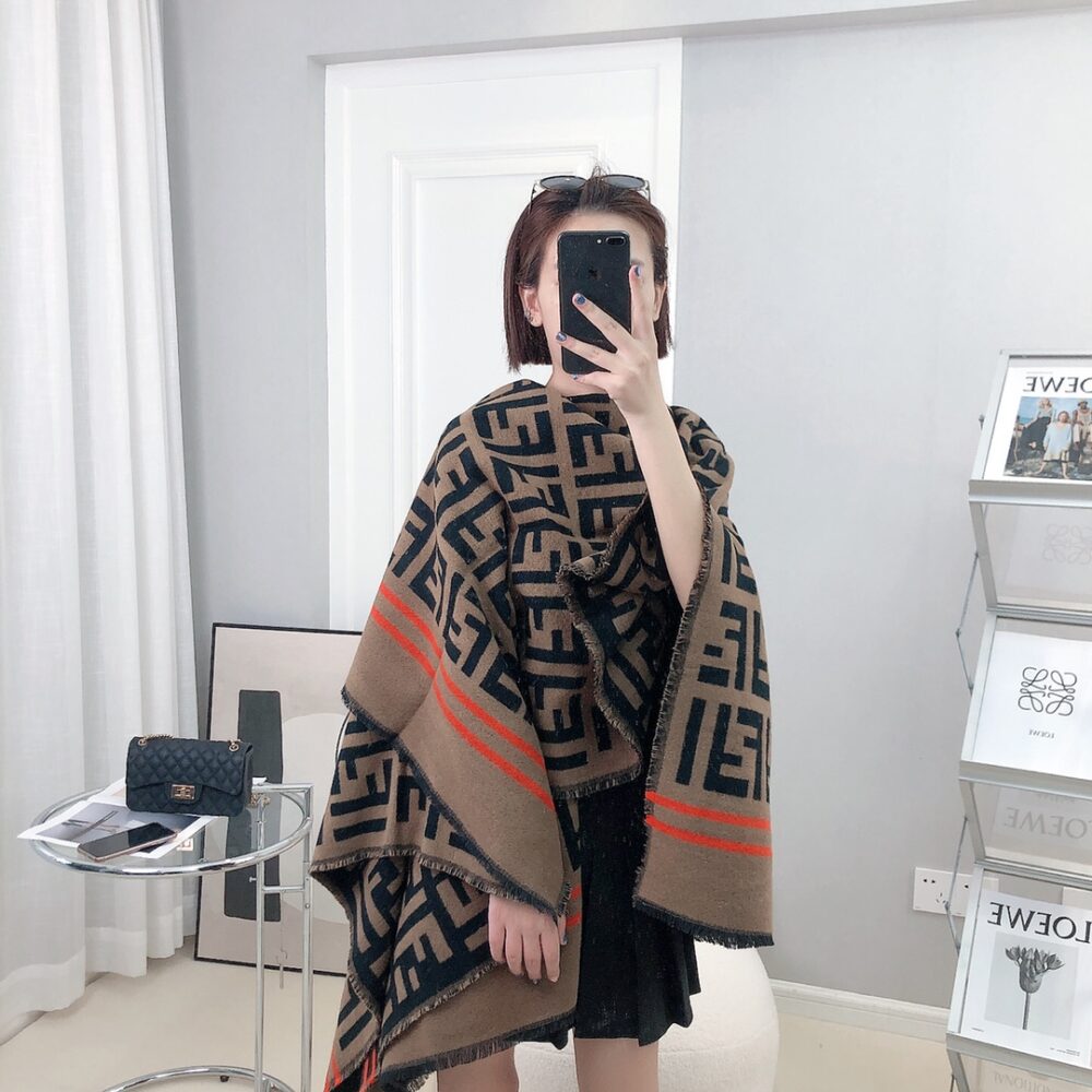 Alternative view of FENDI FF MOTIF WOOL AND SILK PONCHO SCARF BROWN AND BLACK FXX636 A3Q1 F0QB8