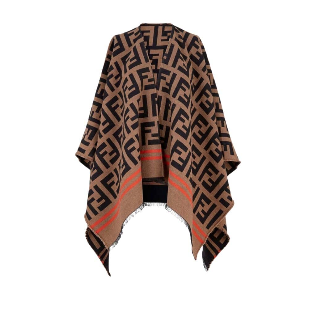 FENDI FF MOTIF WOOL AND SILK PONCHO SCARF BROWN AND BLACK FXX636 A3Q1 F0QB8
