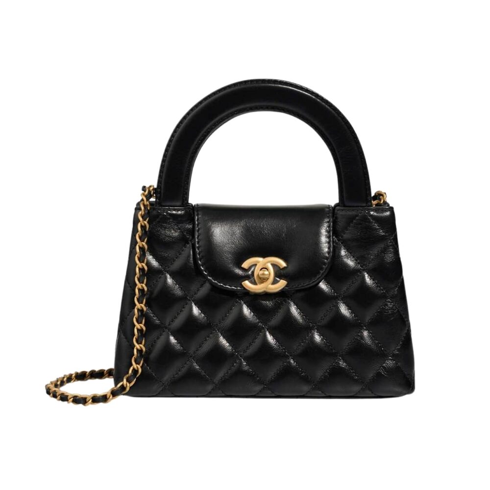 CHANEL KELLY MINI SHOPPING BAG SHINY AGED GOLD TONE METAL BLACK 22CM AS4416 B14296 94305