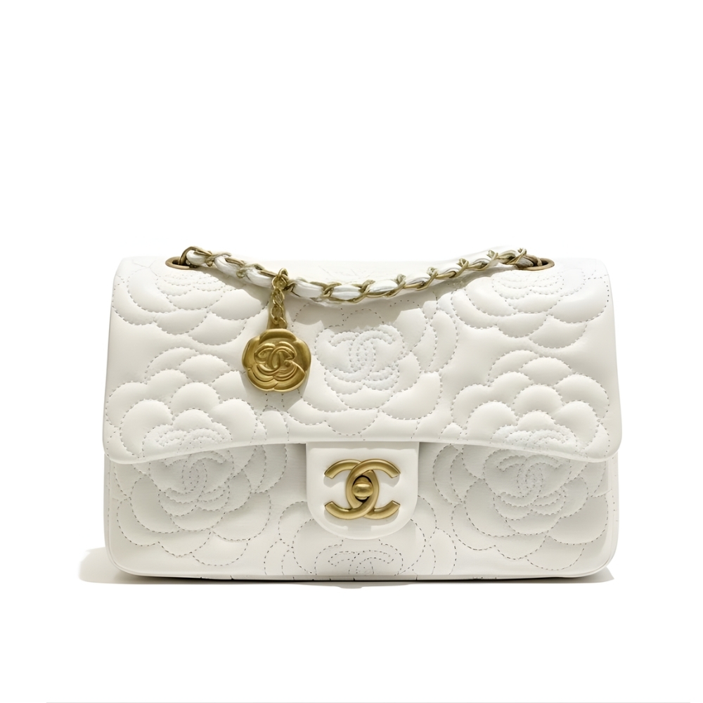 Chanel Flap Bag With Camellia Flower Chain White 26Cm