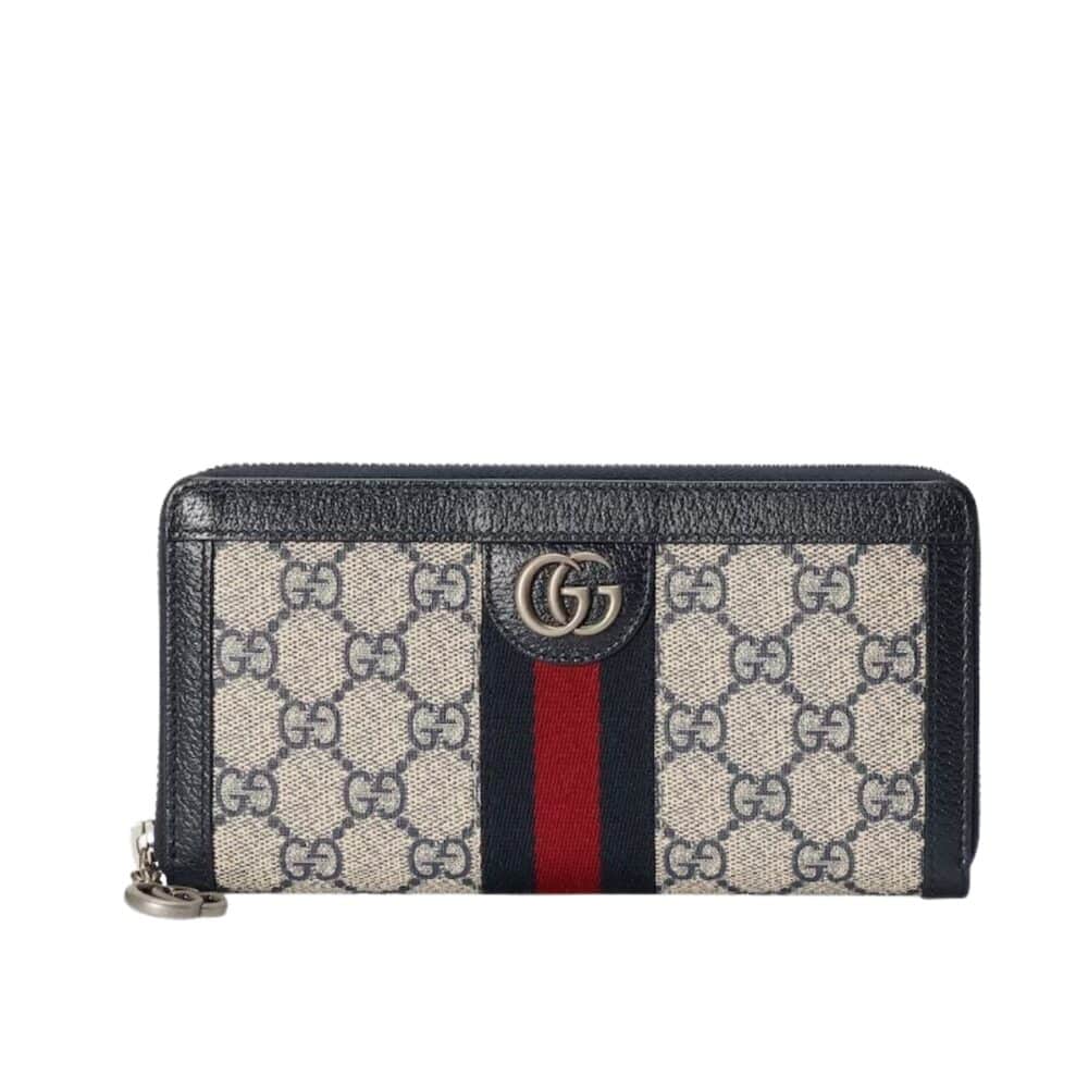 GUCCI OPHIDIA ZIP AROUND WALLET IN BEIGE AND BLUE SUPREME 19CM 523154 96IWN 4076