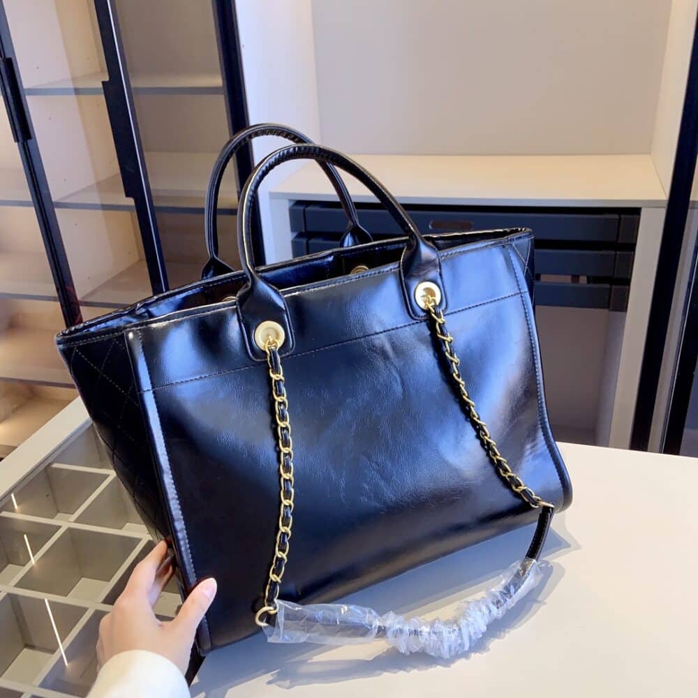 CHANEL DEAUVILLE LARGE SHOPPING BAG CALFSKIN LEATHER BLACK 38CM - Image 7