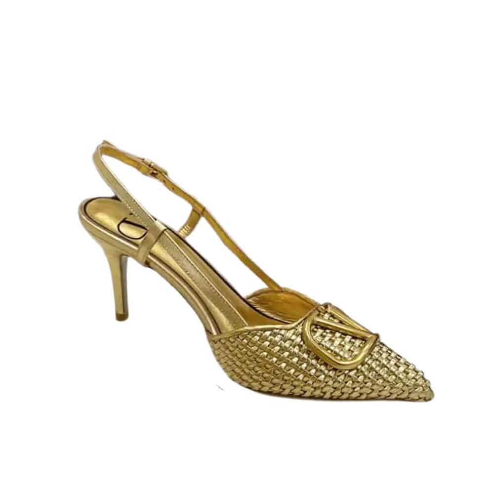 VALENTINO GARAVANI VLOGO WOVEN LEATHER SLINGBACK PUMPS GOLD