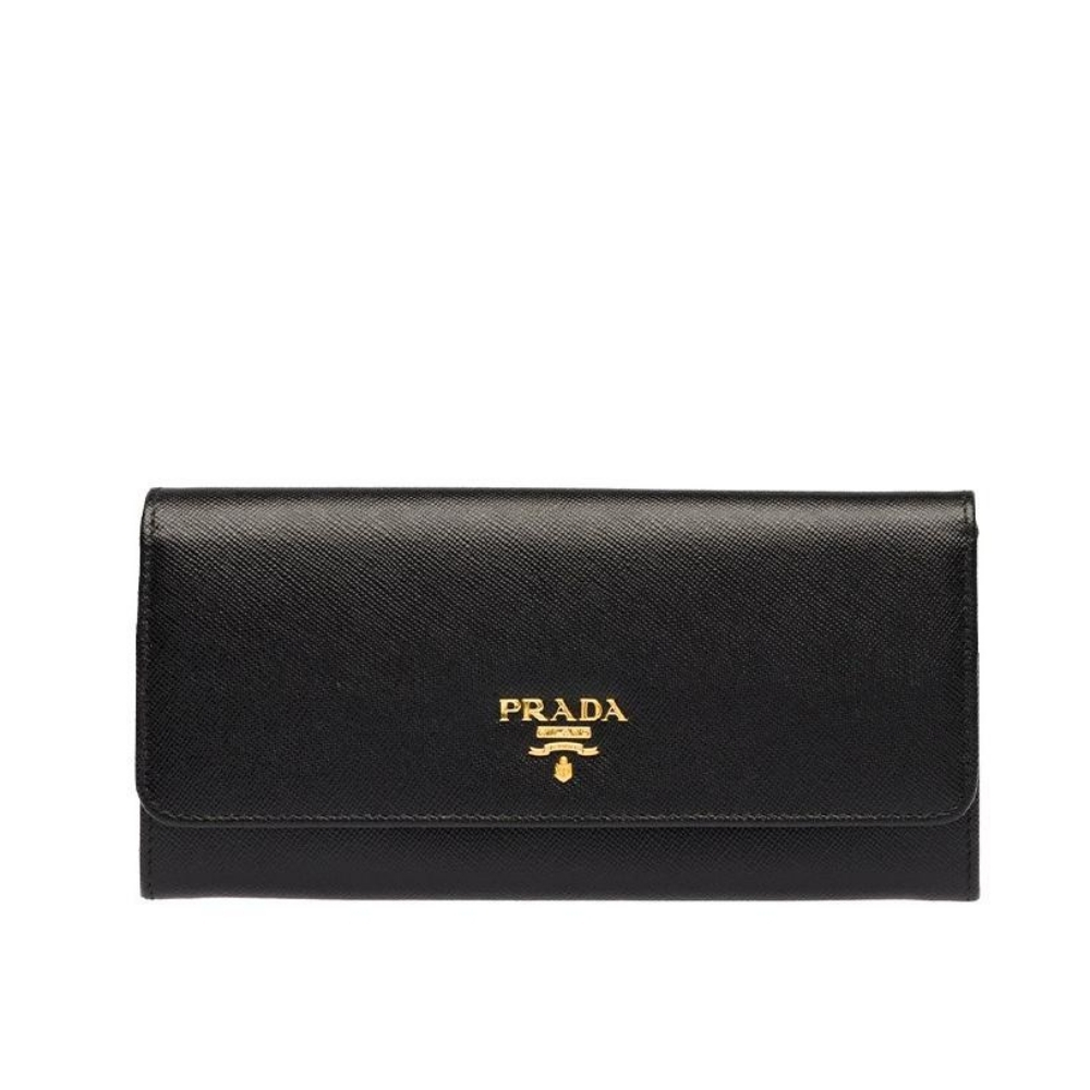 PRADA SAFFIANO LEATHER FLAP LONG WALLET BLACK AND GOLD 19CM 1MH132 ZLP F061H