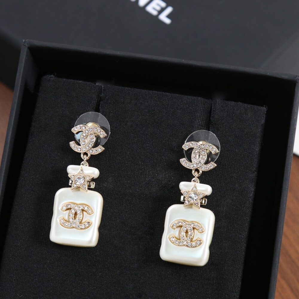 Alternative view of CHANEL PEARL RESIN CRYSTAL CC PERFUME BOTTLE DROP EARRINGS