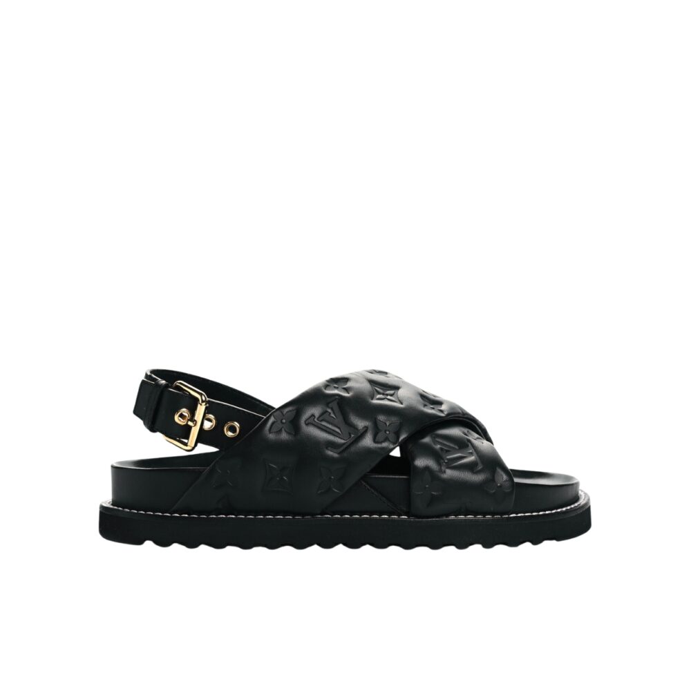 LOUIS VUITTON MONOGRAM EMBOSSED PASEO FLAT COMFORT SANDALS BLACK
