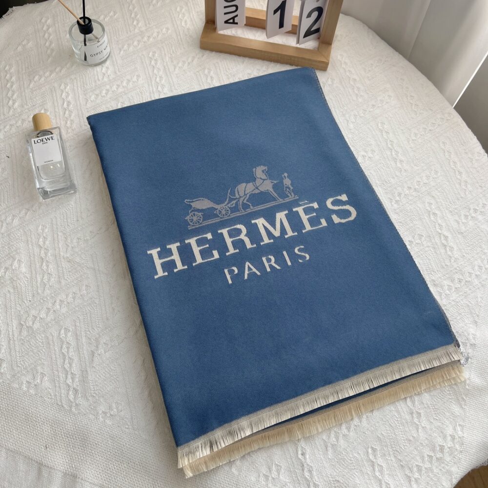 Alternative view of HERMES H LETTER CASHMERE MUFFLER BLUE