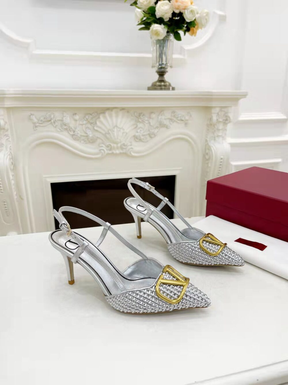 Alternative view of VALENTINO GARAVANI VLOGO WOVEN LEATHER SLINGBACK PUMPS SILVER