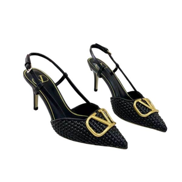 VALENTINO GARAVANI VLOGO WOVEN LEATHER SLINGBACK PUMPS BLACK
