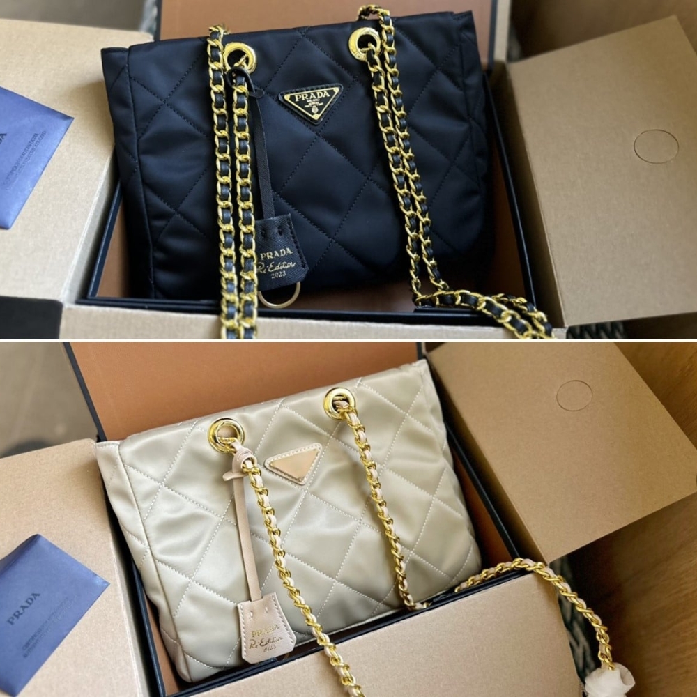 PRADA RE EDITION 1995 CHAÎNE RE NYLON TOTE BAG BEIGE 25CM 1BG468 2AOS F0F24 V COO - Image 3