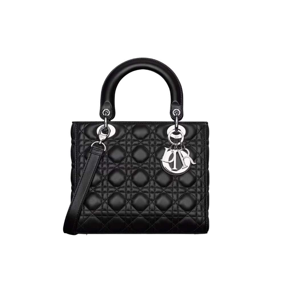 DIOR MEDIUM LADY DIOR BAG CANNAGE BLACK SILVER HARDWARE 24CM