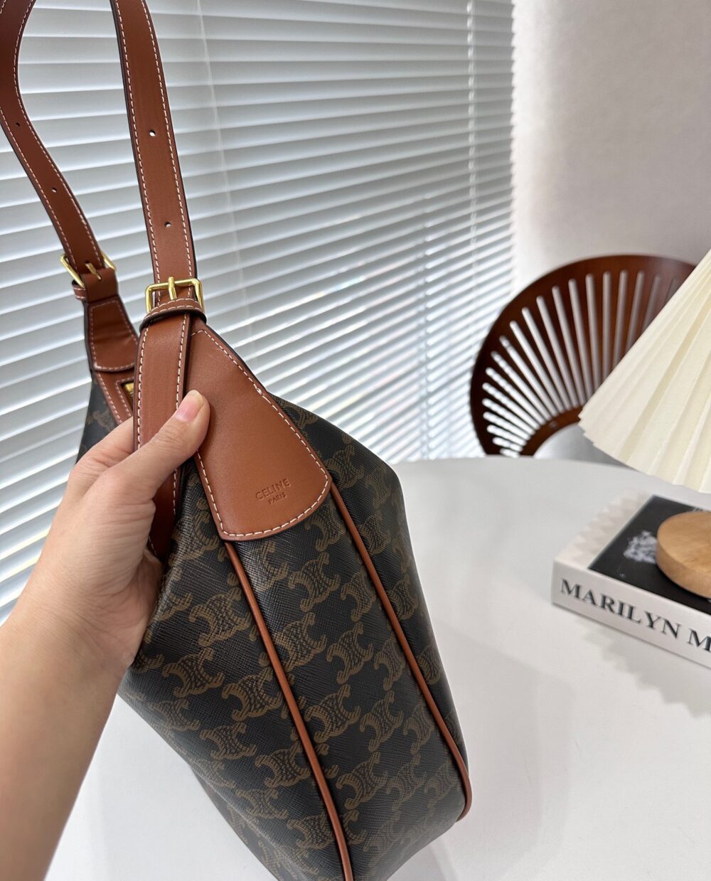 CELINE HELOISE BAG IN TRIOMPHE CANVAS AND CALFSKIN TAN 31CM 114712FQM 04LU - Image 8