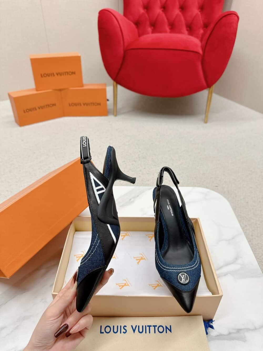 LOUIS VUITTON ARCHLIGHT SLINGBACK PUMP BLACK AND DENIM BLUE 1AABOB - Image 6