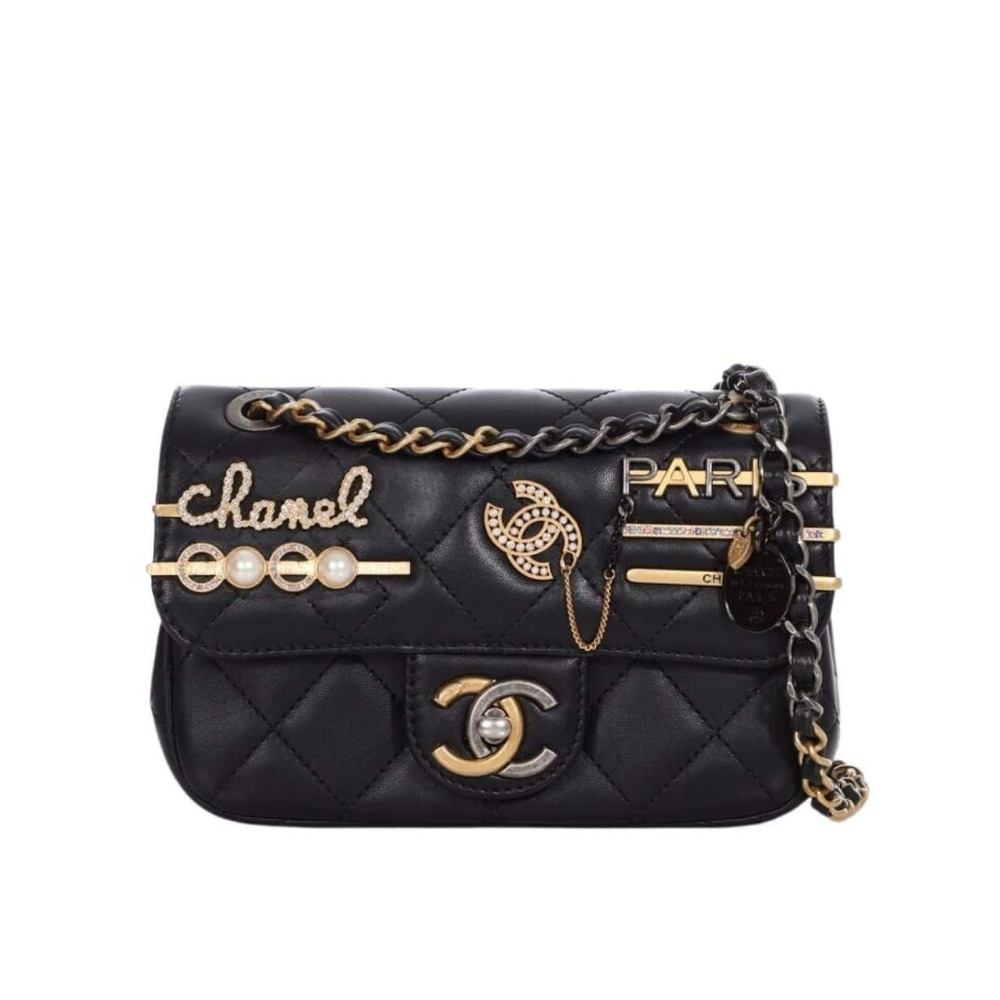 CHANEL QUILTED MINI COCO CLIPS FLAP GOLD AND RUTHENIUM HARDWARE BLACK 20CM