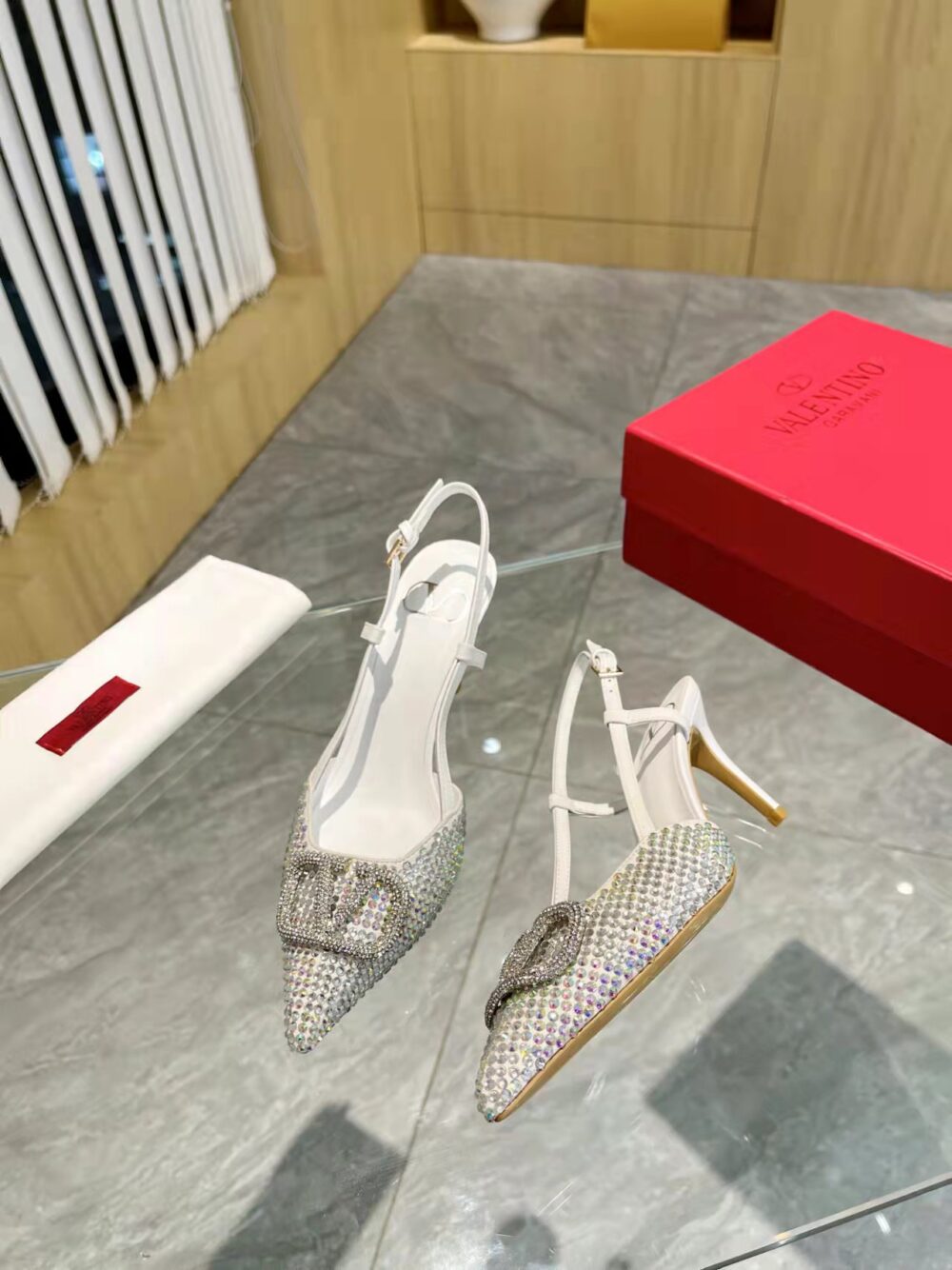 VALENTINO VLOGO SIGNATURE BACK STRAP CRYSTAL HIGH HEELS WHITE - Image 3