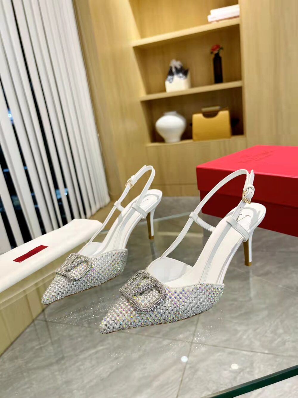 VALENTINO VLOGO SIGNATURE BACK STRAP CRYSTAL HIGH HEELS WHITE - Image 4