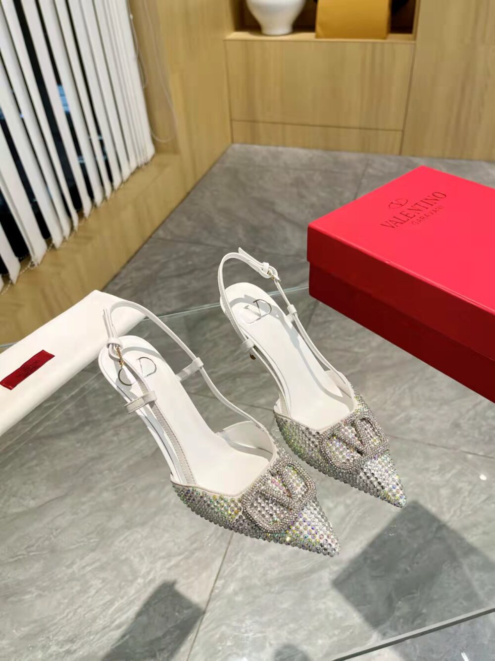 VALENTINO VLOGO SIGNATURE BACK STRAP CRYSTAL HIGH HEELS WHITE - Image 6