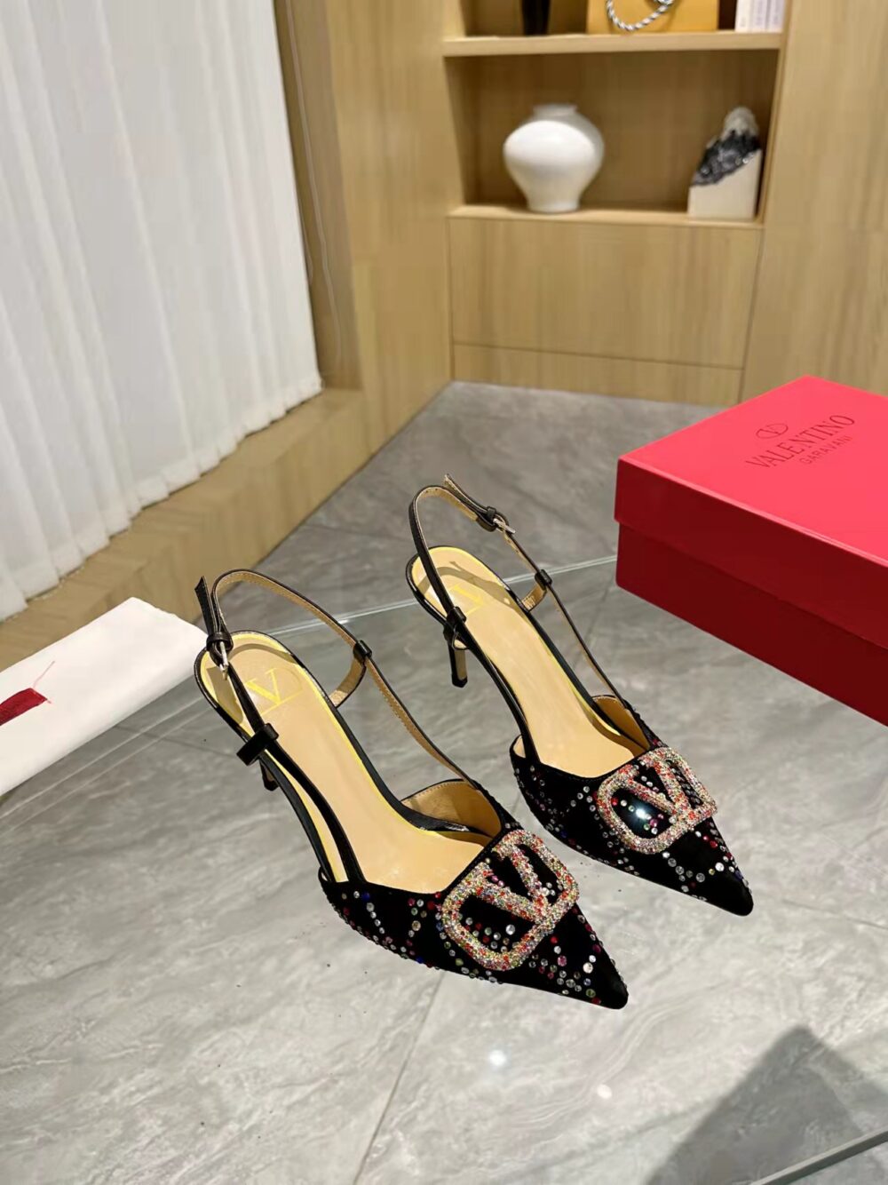 VALENTINO VLOGO SIGNATURE BACK STRAP CRYSTAL HIGH HEELS BLACK - Image 4