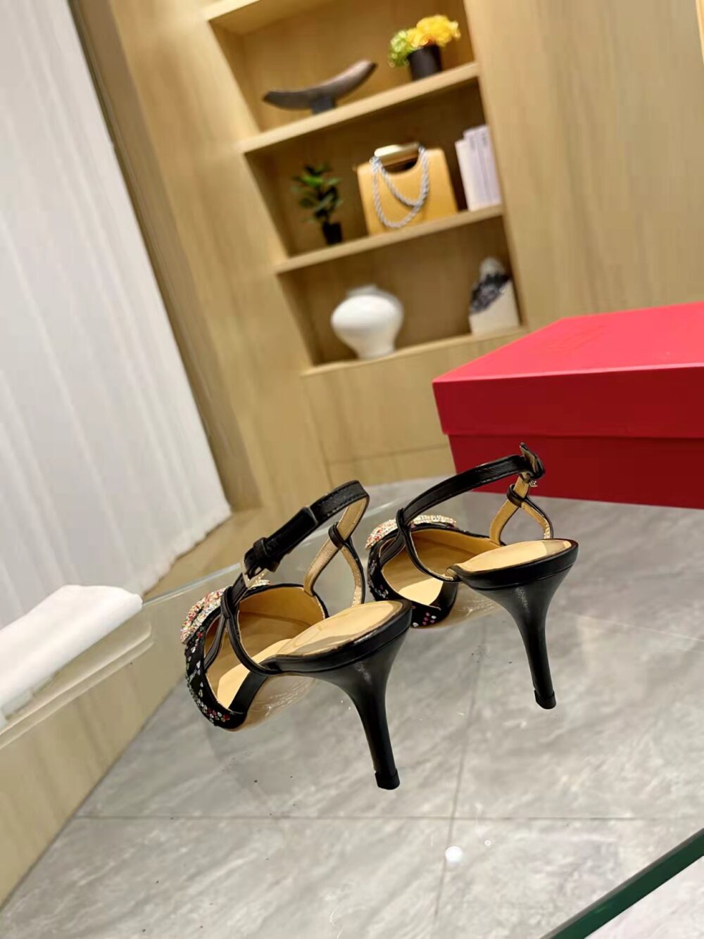 VALENTINO VLOGO SIGNATURE BACK STRAP CRYSTAL HIGH HEELS BLACK - Image 5