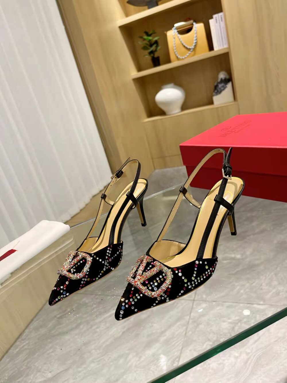 VALENTINO VLOGO SIGNATURE BACK STRAP CRYSTAL HIGH HEELS BLACK - Image 7