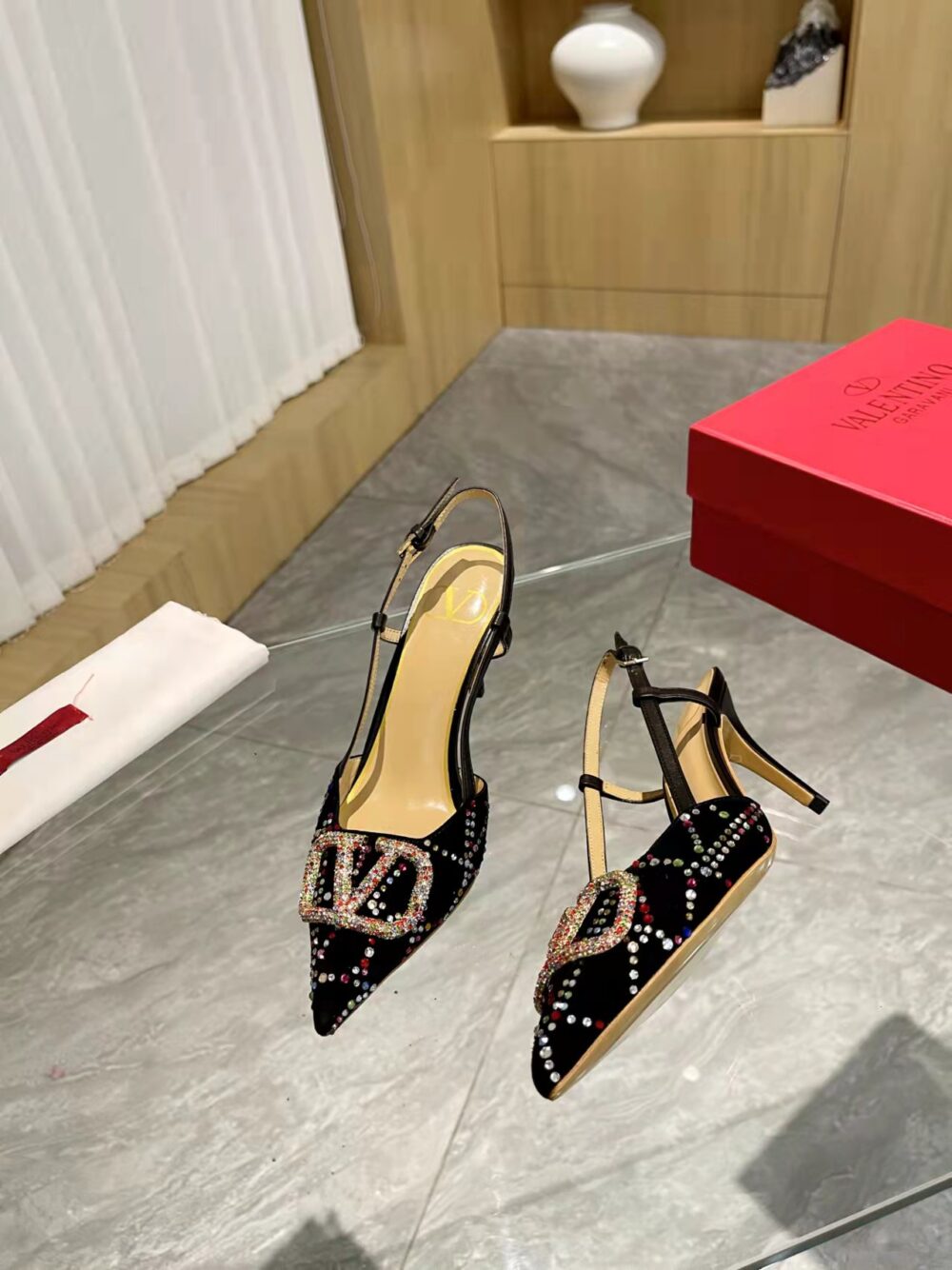 VALENTINO VLOGO SIGNATURE BACK STRAP CRYSTAL HIGH HEELS BLACK - Image 8
