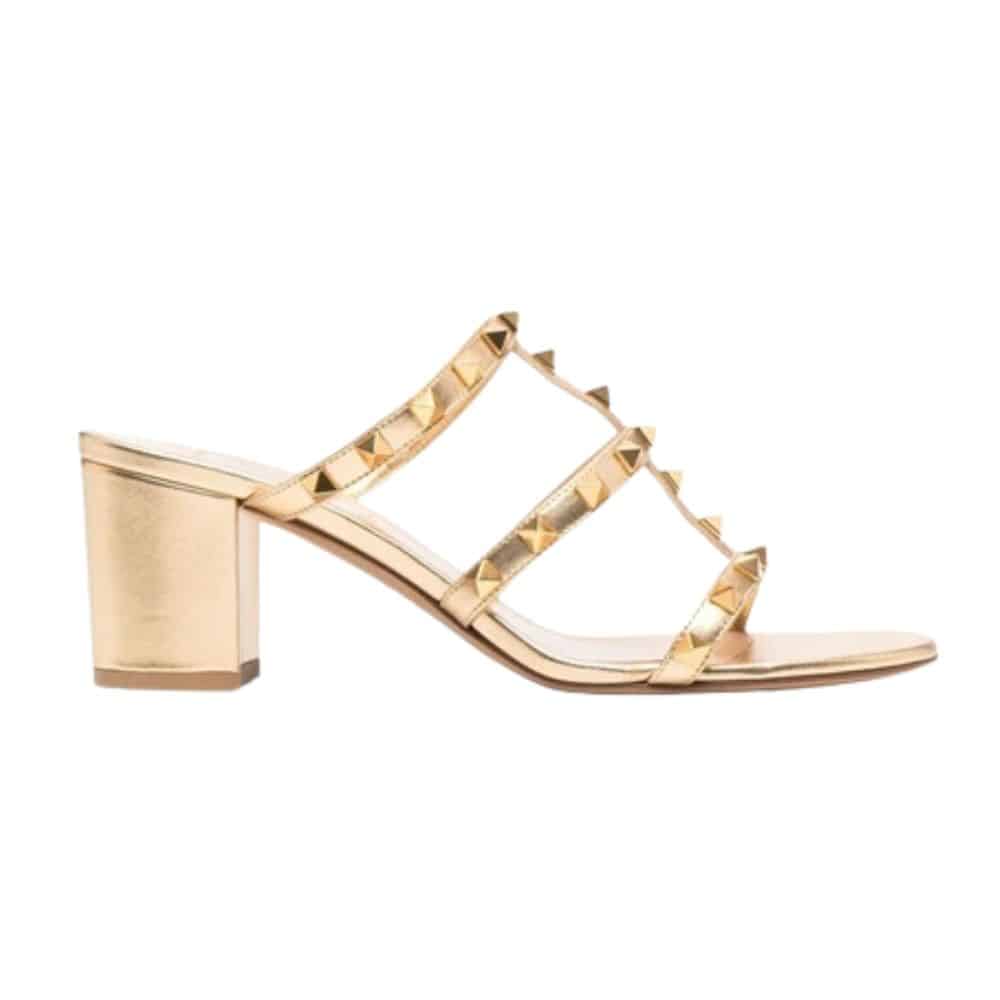 VALENTINO GARAVANI ROCKSTUD CAGED METALLIC LEATHER SLIDE SANDALS GOLD