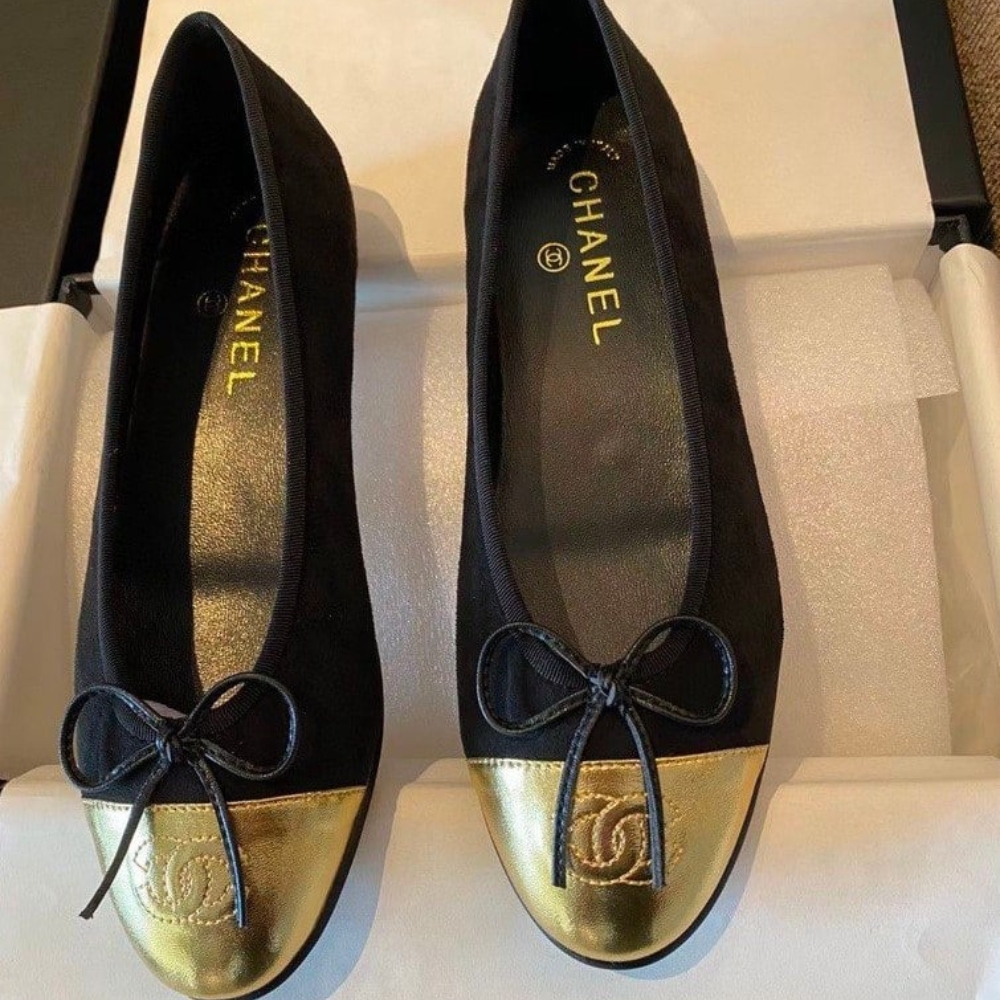 Alternative view of CHANEL LEATHER CAP TOE BALLET FLATS BLACK GOLD
