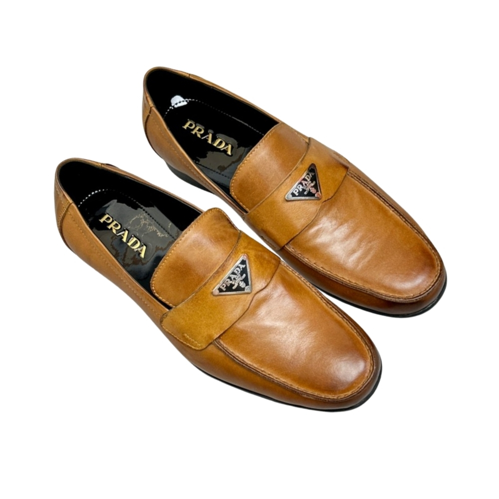 Prada Brushed Leather Loafer Plate Bit Logo Brown