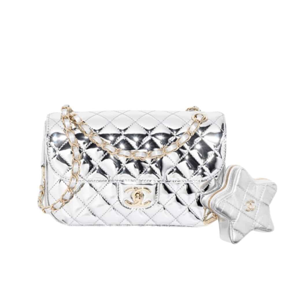CHANEL MINI FLAP BAG STAR COIN PURSE SILVER 24CM