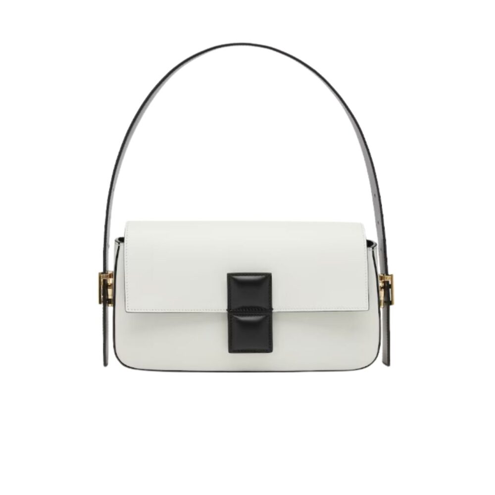 FENDI BAGUETTE WHITE AND BLACK COLOR BLOCK LEATHER BAG 26CM 8BR821APKOF1NZ3