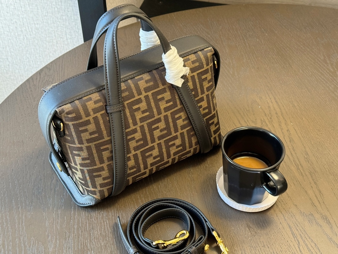 FENDI BOSTON 365 BROWN FF JACQUARD FABRIC BAG 27CM 8BL152ALP3F1N1S - Image 2