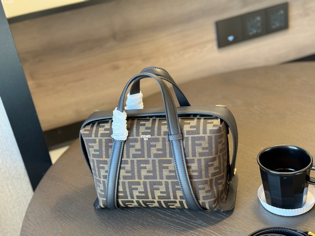 FENDI BOSTON 365 BROWN FF JACQUARD FABRIC BAG 27CM 8BL152ALP3F1N1S - Image 3