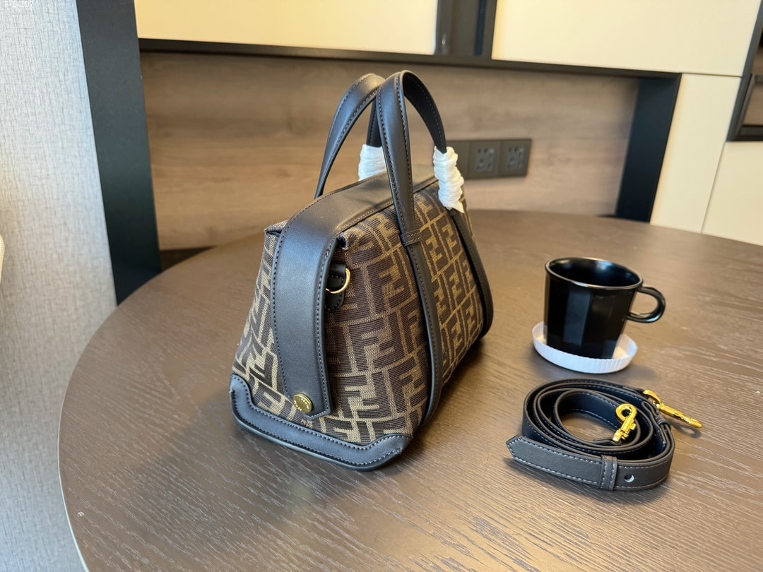 FENDI BOSTON 365 BROWN FF JACQUARD FABRIC BAG 27CM 8BL152ALP3F1N1S - Image 5