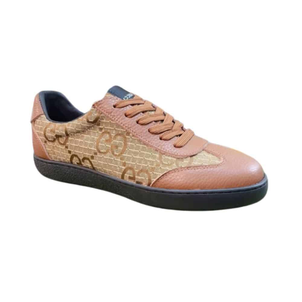 GUCCI GG CANVAS AND LEATHER LOW TOP SNEAKERS BROWN