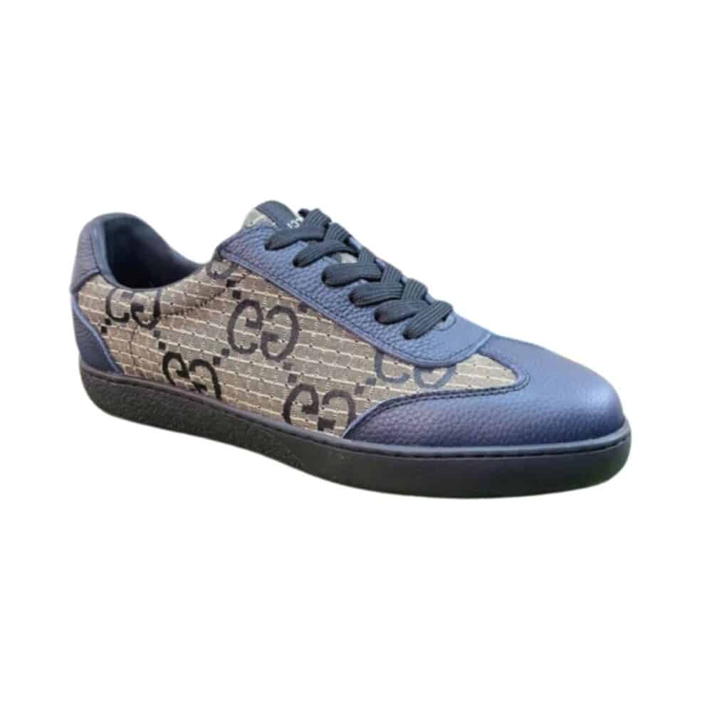 GUCCI GG CANVAS AND LEATHER LOW TOP SNEAKERS BLUE