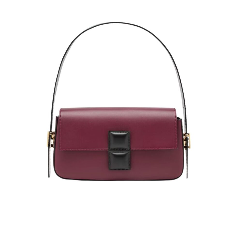 FENDI BAGUETTE BURGUNDY AND BLACK COLOR BLOCK LEATHER BAG 26CM 8BR821APKOF1NZ9