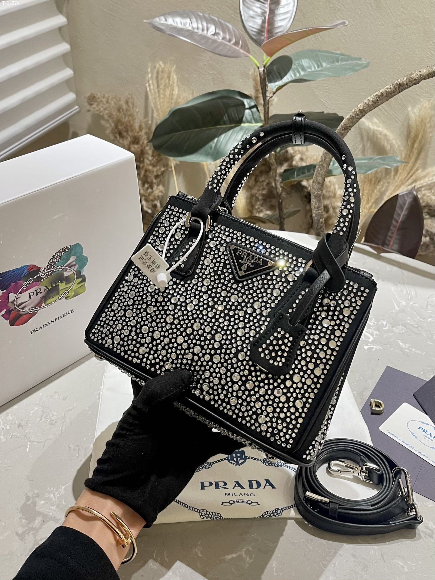 PRADA GALLERIA SATIN MINI BAG WITH CRYSTALS METAL 23CM 1BA906 2AWL F063R V EOY - Image 3