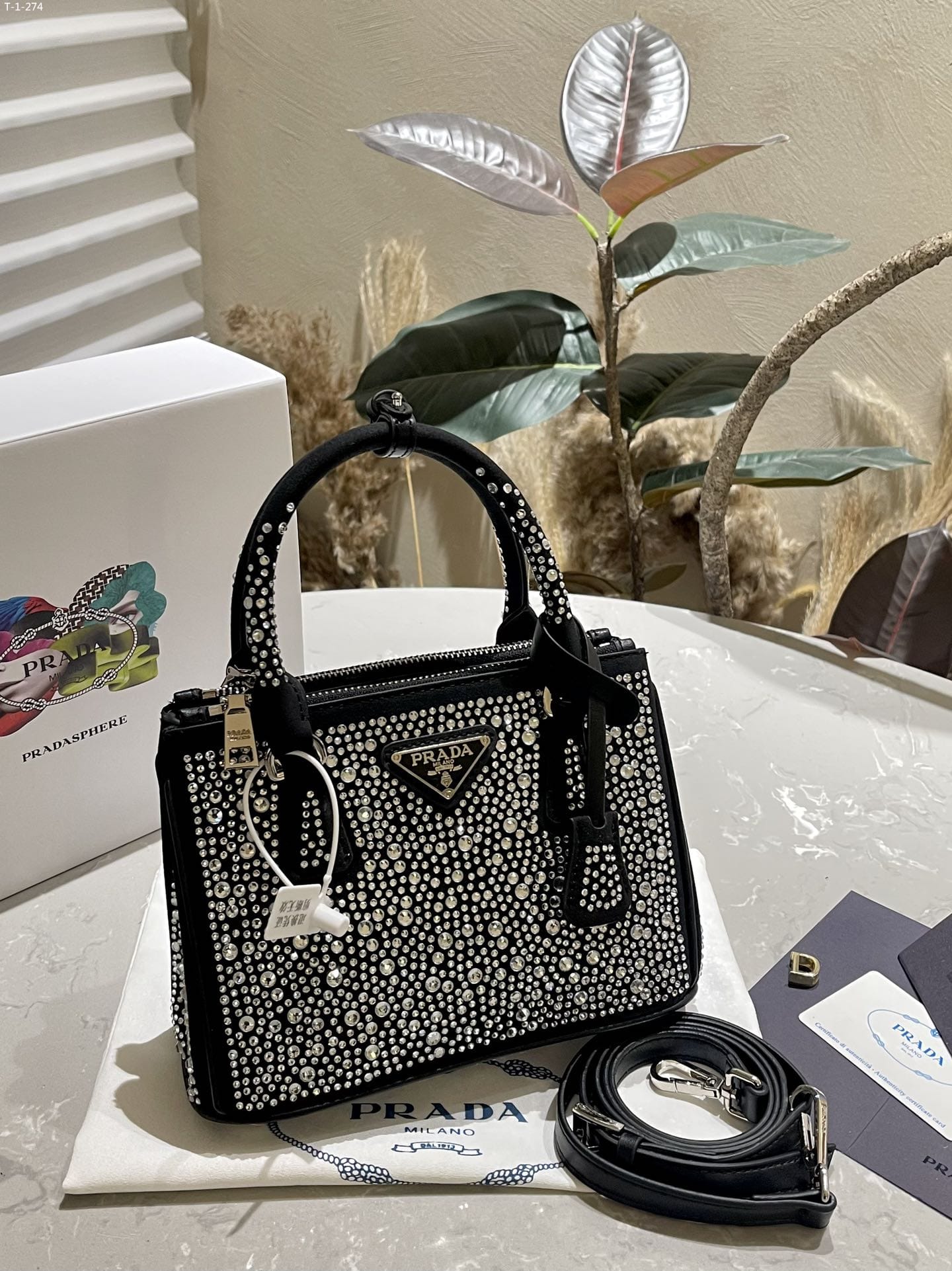 PRADA GALLERIA SATIN MINI BAG WITH CRYSTALS METAL 23CM 1BA906 2AWL F063R V EOY - Image 4