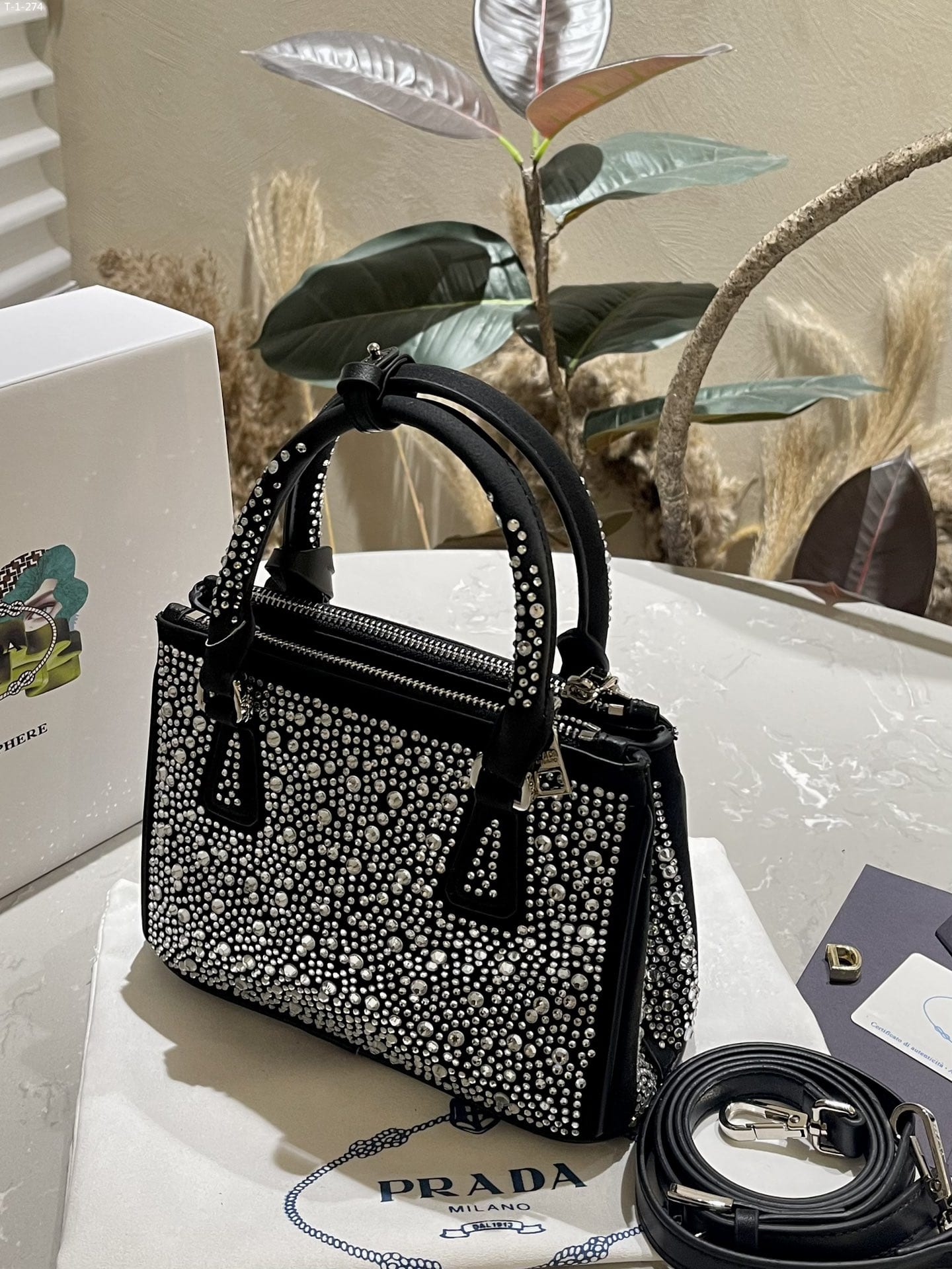 PRADA GALLERIA SATIN MINI BAG WITH CRYSTALS METAL 23CM 1BA906 2AWL F063R V EOY - Image 5