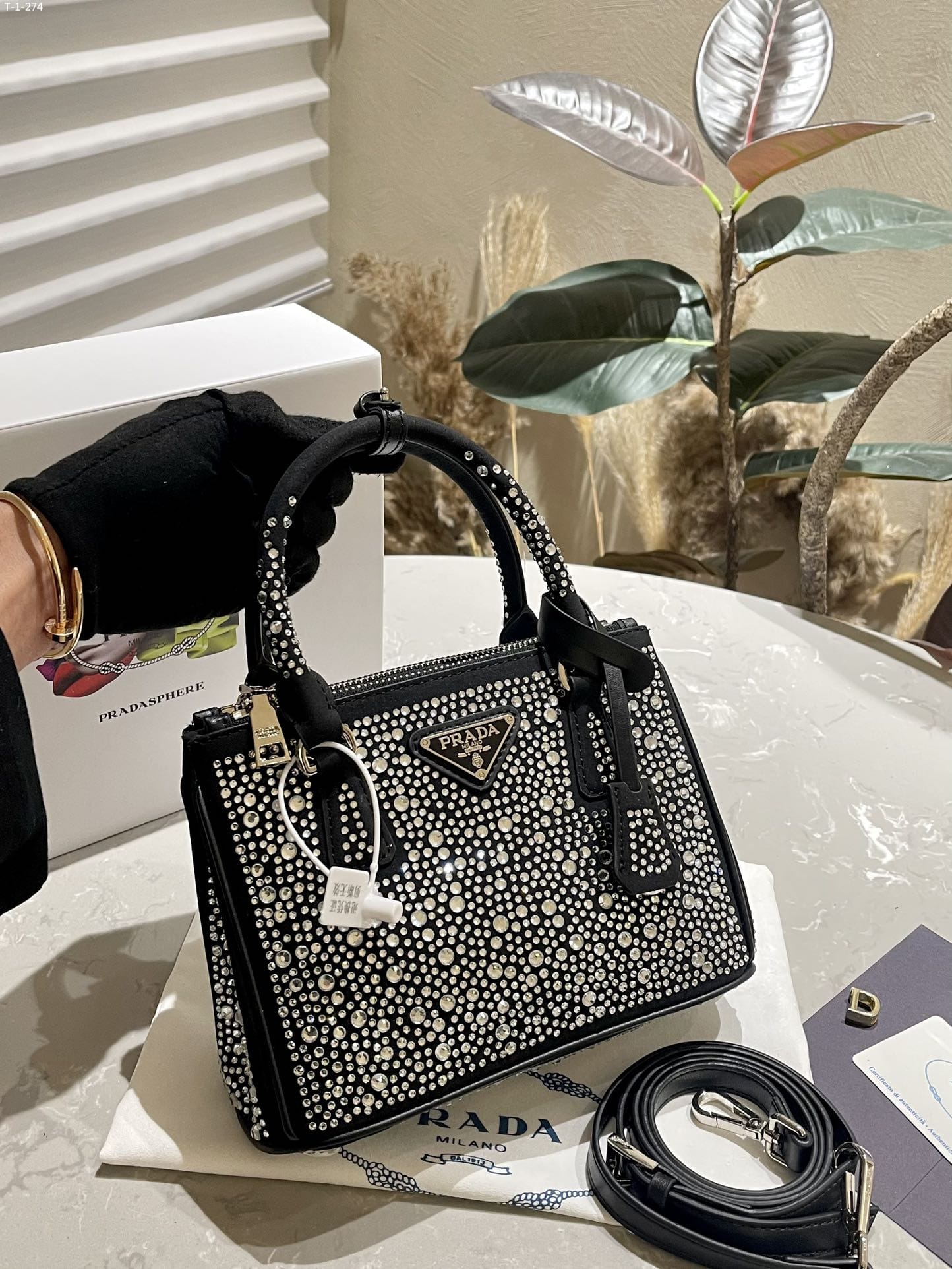 PRADA GALLERIA SATIN MINI BAG WITH CRYSTALS METAL 23CM 1BA906 2AWL F063R V EOY - Image 8