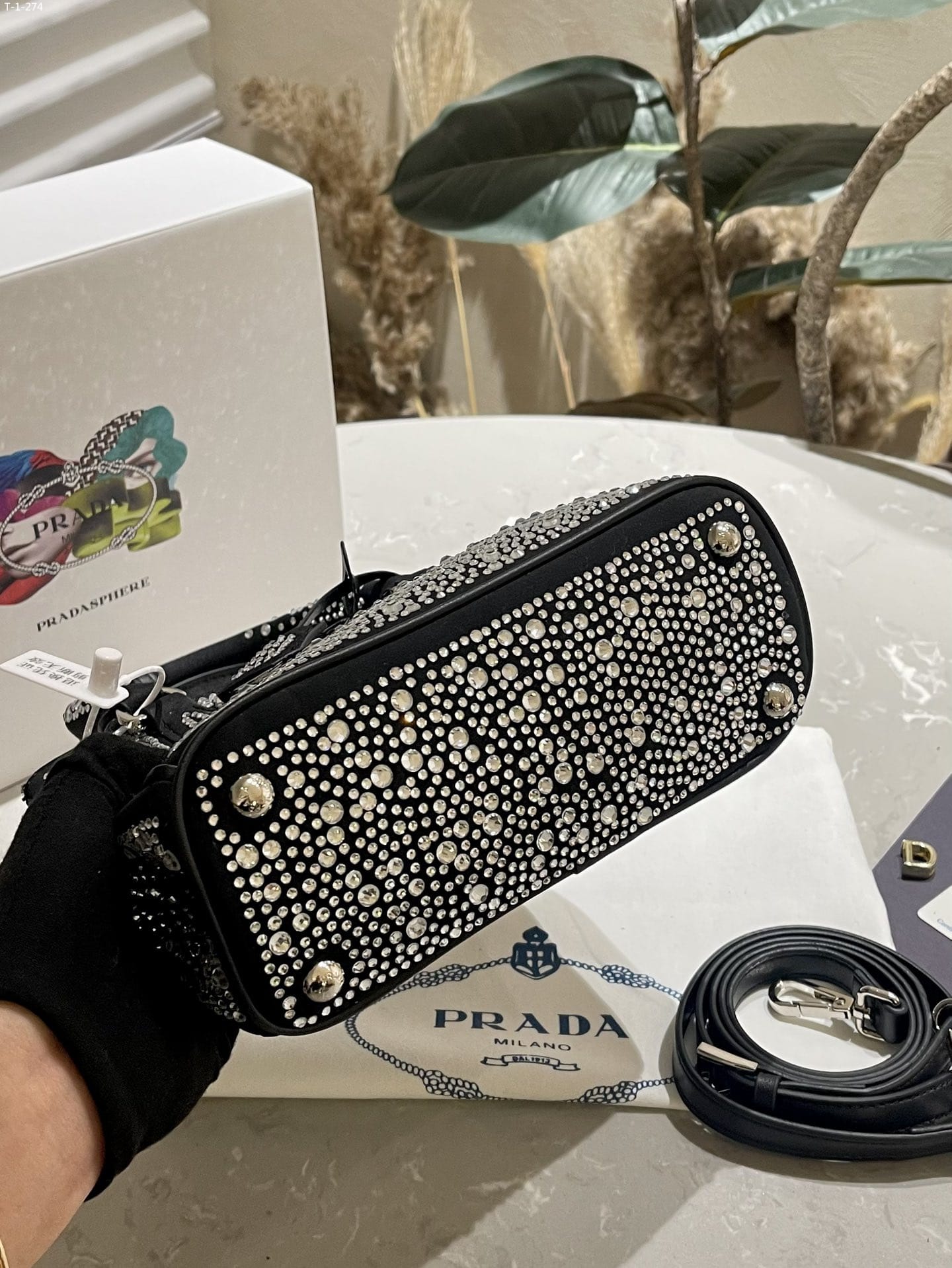 PRADA GALLERIA SATIN MINI BAG WITH CRYSTALS METAL 23CM 1BA906 2AWL F063R V EOY - Image 9