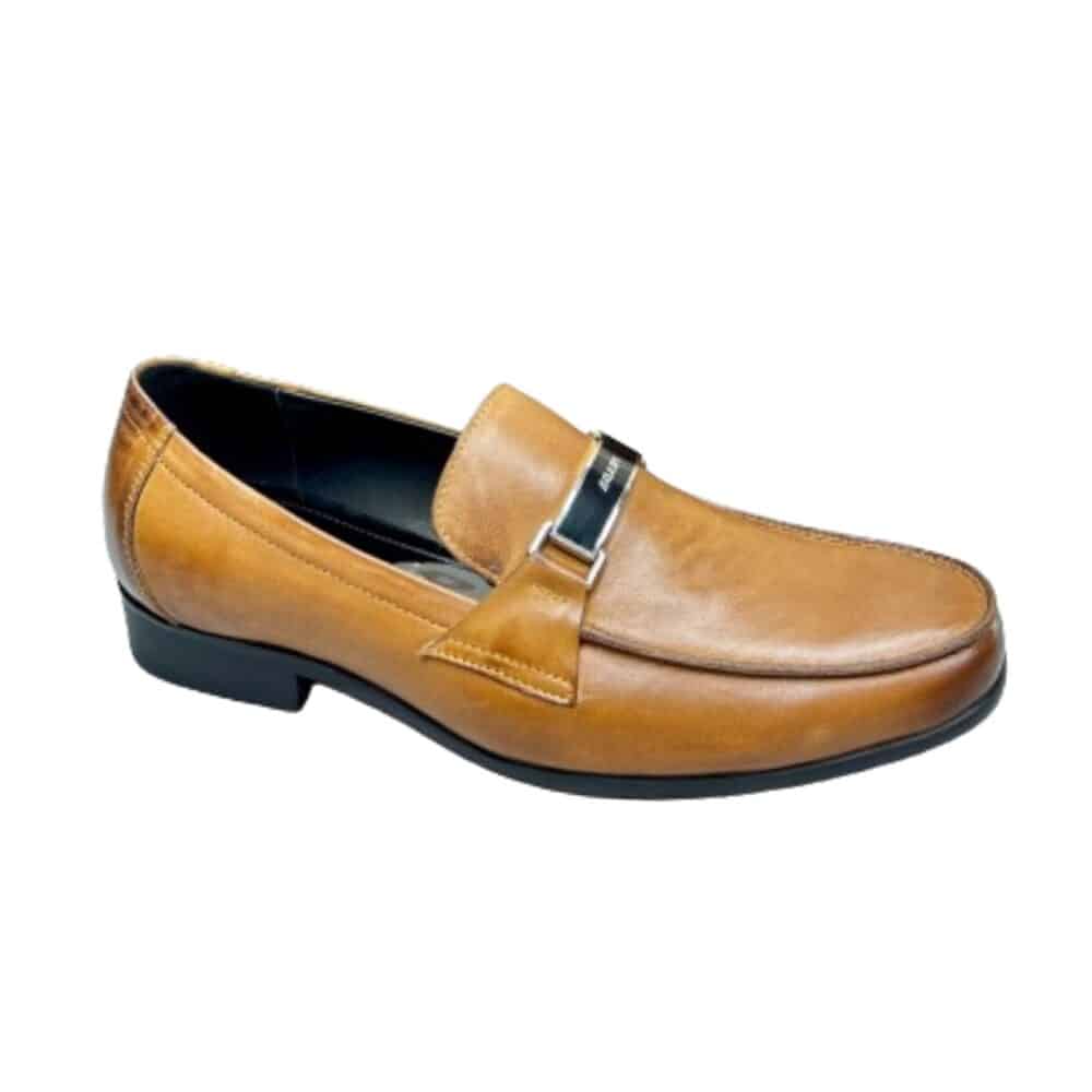 PRADA BRUSHED LEATHER LOAFER PLATE BIT LOGO BROWN